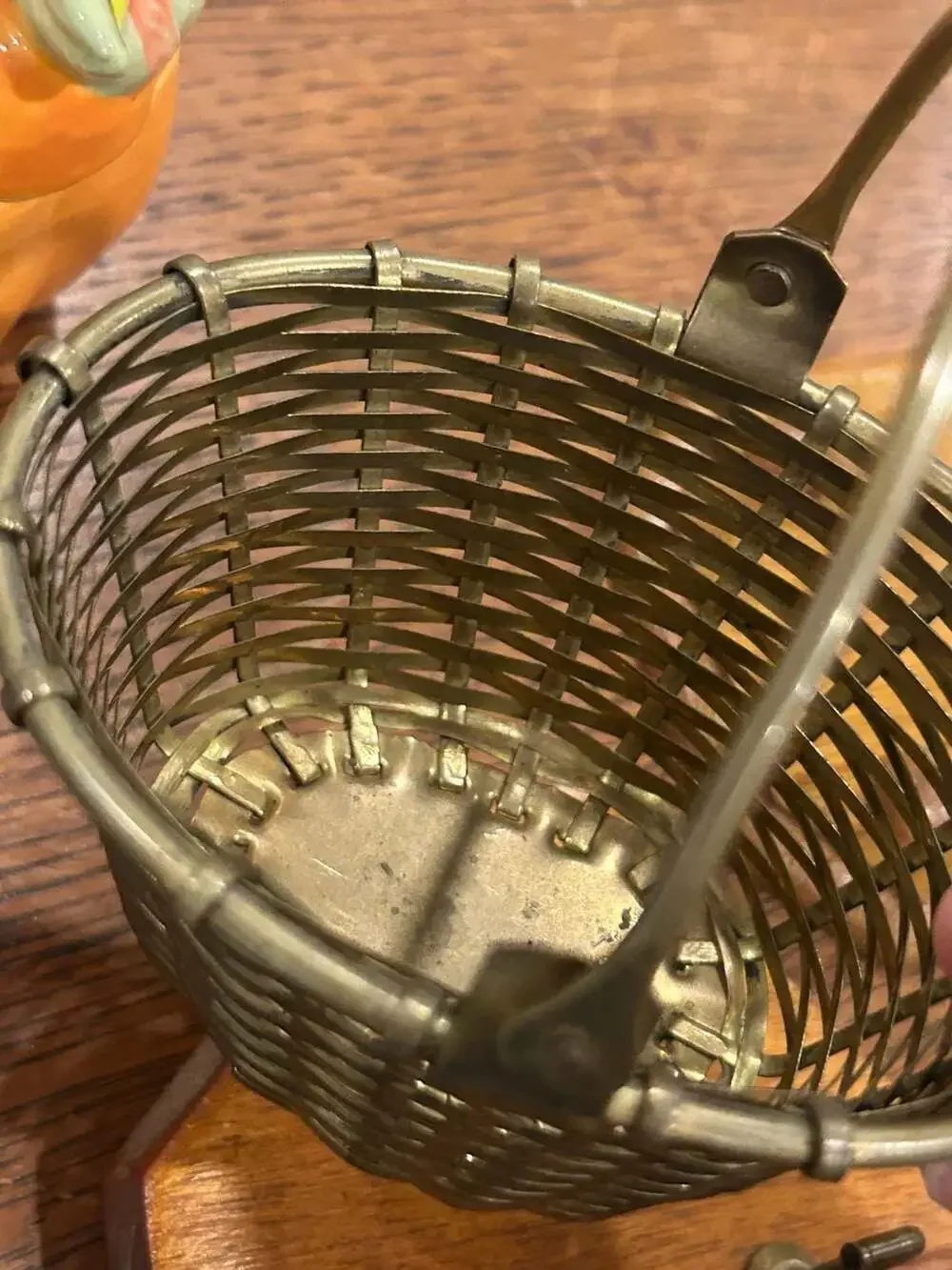 Vintage Small Woven Brass Basket with Movable Swivel Handle